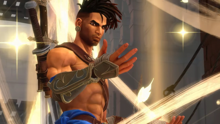 Animowana postać mężczyzny z mieczem na plecach z gry Prince of Persia wykonującego gest ręką w stronę widza, na tle rozmytych efektów świetlnych i architektury w stylu fantasy.