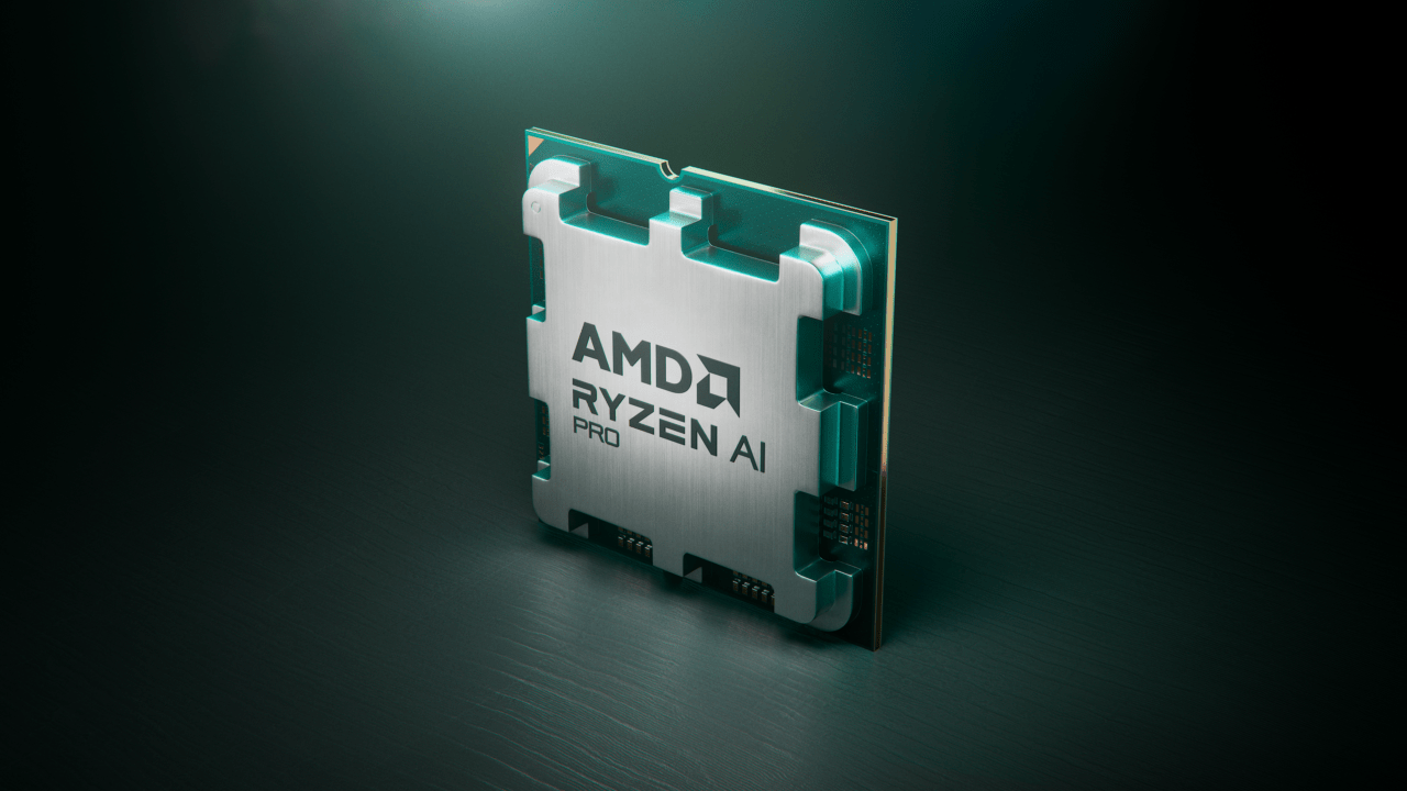Procesor AMD Ryzen AI PRO na ciemnym tle z efektem świetlnym.