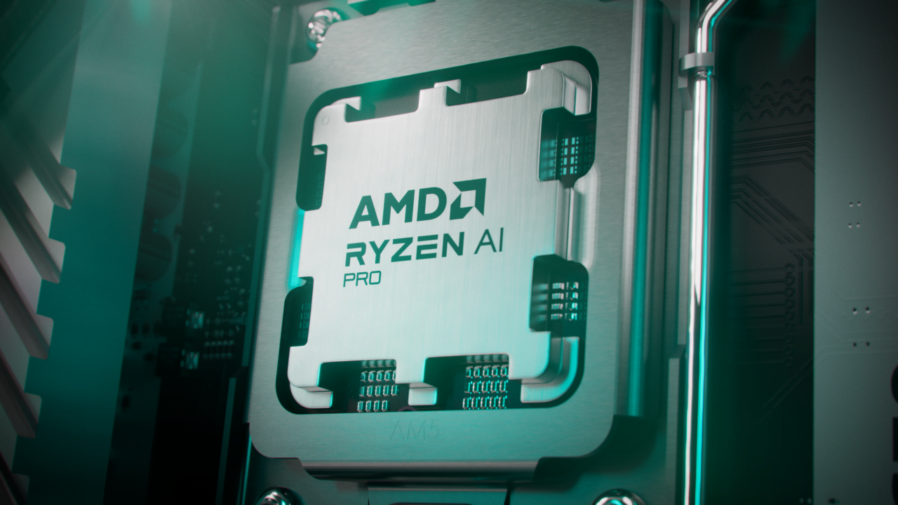 Procesor AMD Ryzen AI Pro z widocznym logo producenta, zainstalowany na płycie głównej komputera.