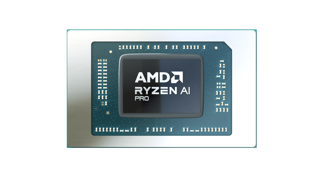 Procesor AMD Ryzen AI Pro na płycie PCB z widocznymi złączami i nadrukowanym logo.