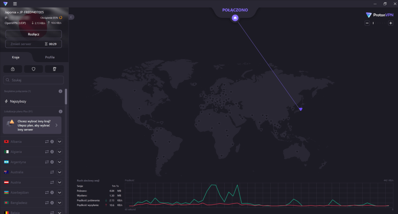 Interfejs użytkownika ProtonVPN z połączeniem z serwerem w Japonii, mapą światową i wykresem prędkości sieci.