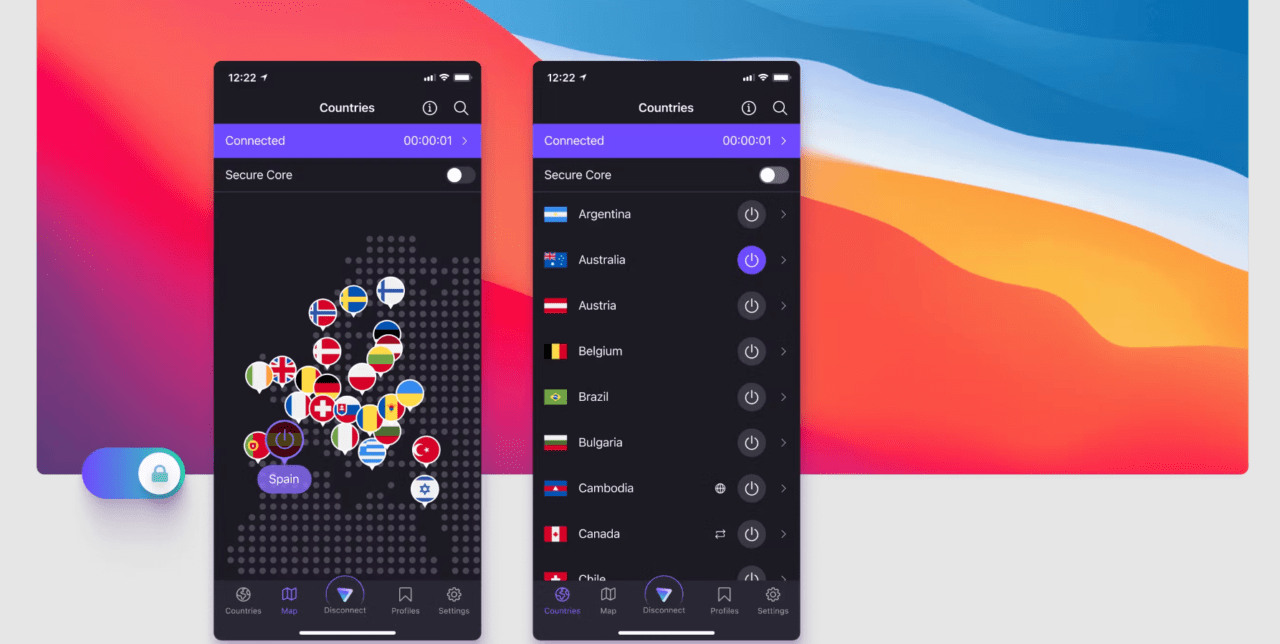 Interfejs aplikacji VPN na dwóch smartfonach na kolorowym tle, wyświetlający listę krajów do wyboru i połączenie z Hiszpanią.