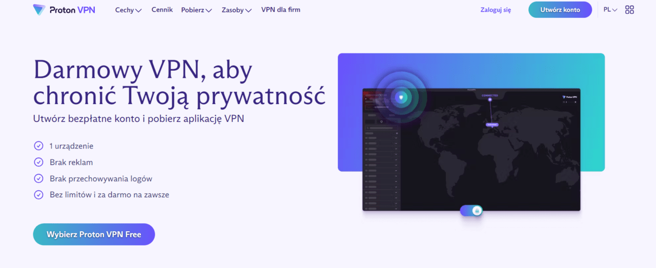 Strona internetowa Proton VPN z hasłem "Darmowy VPN, aby chronić Twoją prywatność" i wyliczeniem korzyści, wraz z przyciskiem "Wybierz Proton VPN Free". Na stronie znajduje się również grafika interfejsu użytkownika aplikacji VPN z mapą świata w tle.