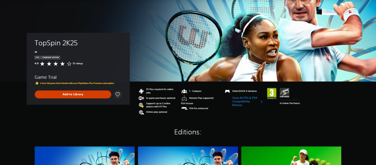 Strona internetowa gry "TopSpin 2K25" z opcjami dodania do biblioteki, ocenami użytkowników i informacjami o grze, przedstawiająca wizualizacje tenisistów w akcji. Iga Świątek jest na okładce edycji Deluxe