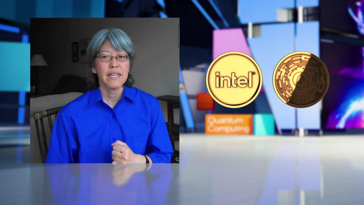 Dr Anne Matsuura, dyrektorka ds. Aplikacji Kwantowych i Architektury w Intel Labs. Osoba z krótkimi, siwymi włosami, ubrana w niebieską koszulę, siedzi przed nieostrym tłem domowego wnętrza. Po prawej stronie obrazu widoczne są kolorowe grafiki związane z kwantowym przetwarzaniem danych, w tym logo firmy Intel oraz stylizowany obraz układu scalonego.