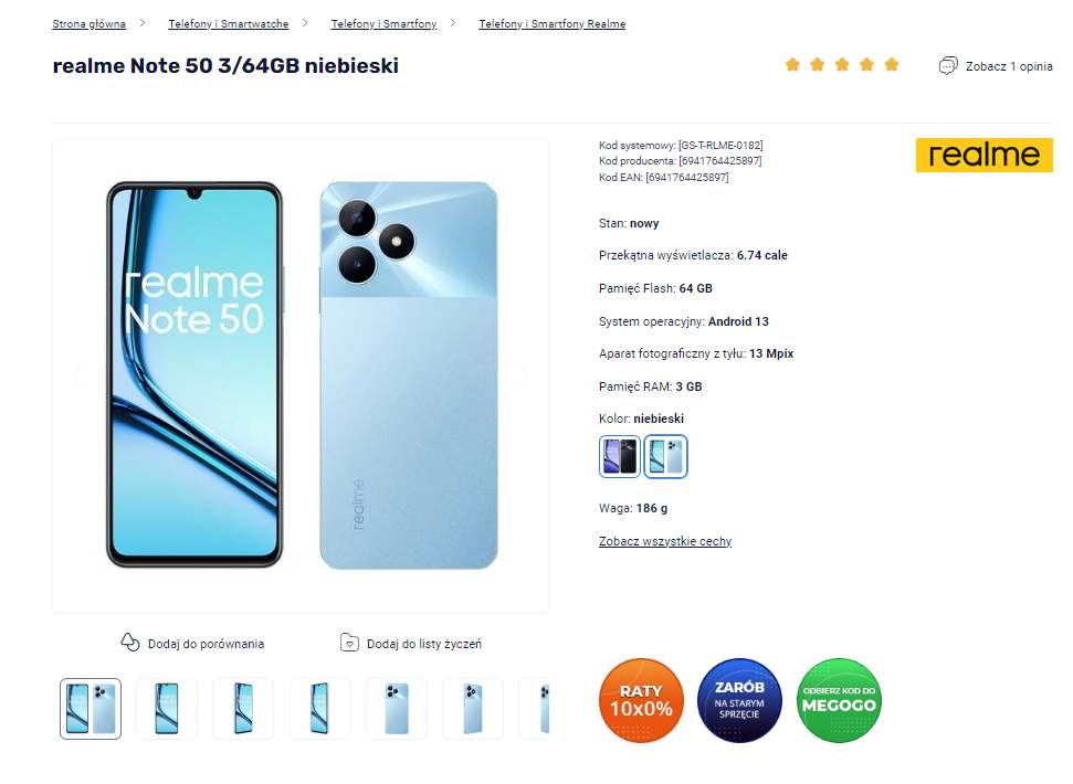 Zdjęcie smartfona Realme Note 50 o kolorze niebieskim przedstawiające przód z włączonym ekranem oraz tył z aparatem fotograficznym i logo producenta, otoczone specyfikacją techniczną i opcjami zakupowymi.