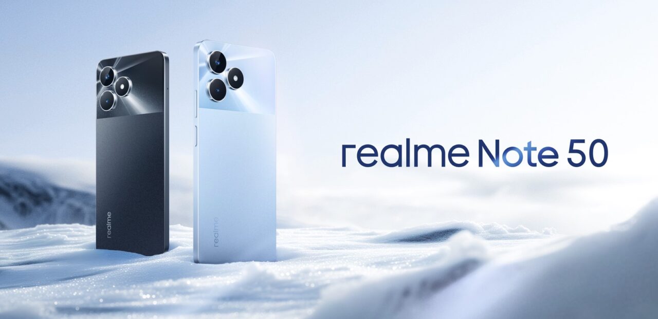 Dwa smartfony Realme Note 50 w kolorach czarnym i białym na tle śnieżnego krajobrazu z nazwą modelu po prawej stronie.