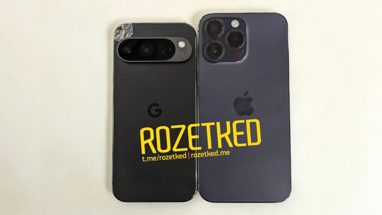 Dwa smartfony na białym tle, lewy z logo Google i uszkodzoną kamerą, prawy z logo Apple, oba z napisem "ROZETKED".