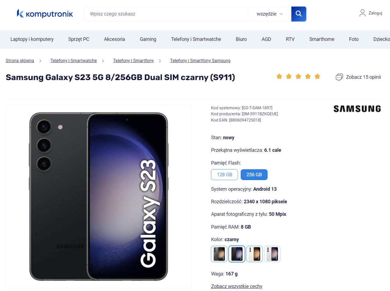 Zdjęcie smartfonu Samsung Galaxy S23 w kolorze czarnym, przedstawiające przód i tył urządzenia, z logo producenta i nazwą modelu widocznymi na ekranie i tylnej obudowie. Strona internetowa sklepu Komputronik z opisem produktu i specyfikacją obok zdjęcia.