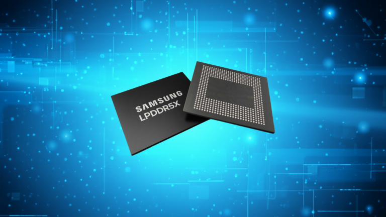 Dwa układy pamięci RAM LPDDR5X firmy Samsung na niebieskim tle z cyfrowymi obwodami i elementami świetlnymi.