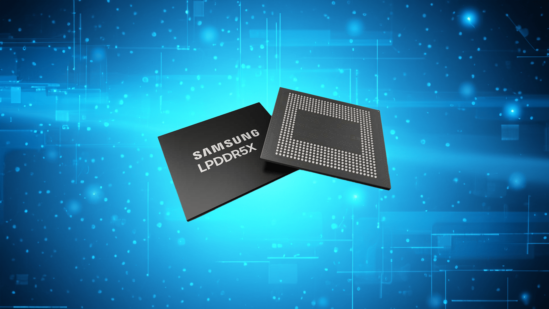 Dwa układy pamięci RAM LPDDR5X firmy Samsung na niebieskim tle z cyfrowymi obwodami i elementami świetlnymi.