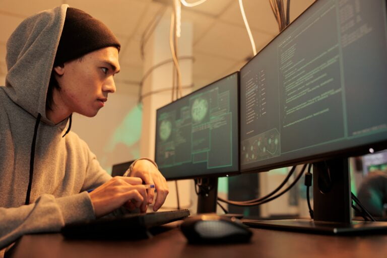 Młody mężczyzna w czapce siedzi przed wieloma monitorami z kodem programistycznym i grafikami мózgu.