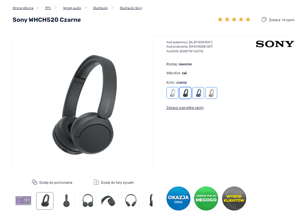 Czarne słuchawki Sony model WHCH520, przedstawione na białym tle w witrynie sklepowej.