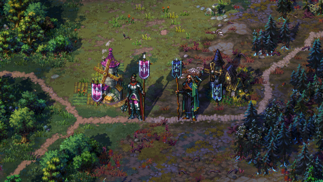 Krajobraz w stylu pikselowej grafiki przedstawiający postacie w zbrojach z herbami stojące na leśnej ścieżce, z domami i drzewami w tle. To duchowy następca Heroes 3 