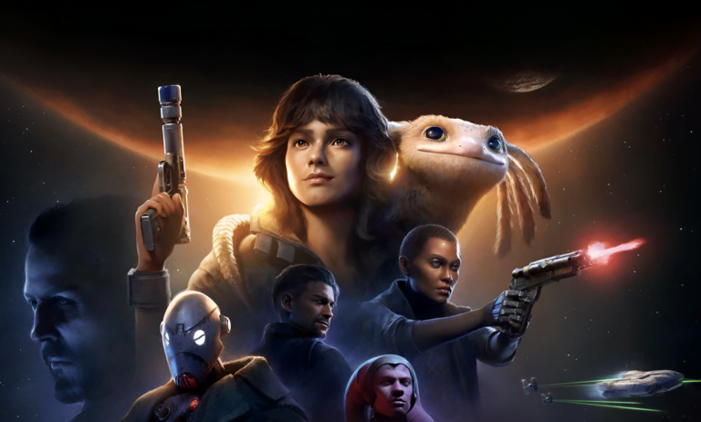 Ilustracja przedstawiająca grupę postaci z uniwersum Star Wars Outlaws fiction, w centrum młoda kobieta z futurystyczną bronią i stworzeniem przypominającym jaszczurkę, wokół niej inne postaci z bronią, na tle kosmosu i statku kosmicznego. Cena Star Wars Outlaws jest niezwykle wysoka