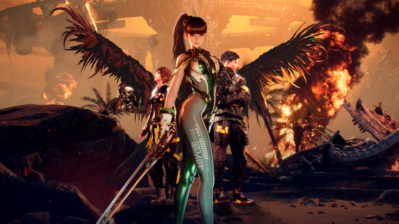 Grupa postaci z gry komputerowej Stellar Blade w futurystycznym strojach na tle płonącej dżungli i wraków.