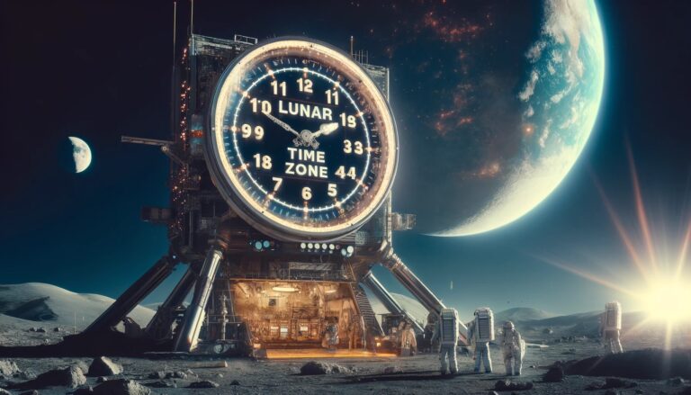 Obraz przedstawia fantastyczną scenę na powierzchni księżyca z wielkim zegarem, który wskazuje "czas księżycowy", astronautami i widokiem Ziemi na horyzoncie.