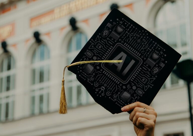 Czapka absolwenta ze schematycznym nadrukiem układu elektronicznego i napisem "AI" trzymana w dłoni na tle uczelni.