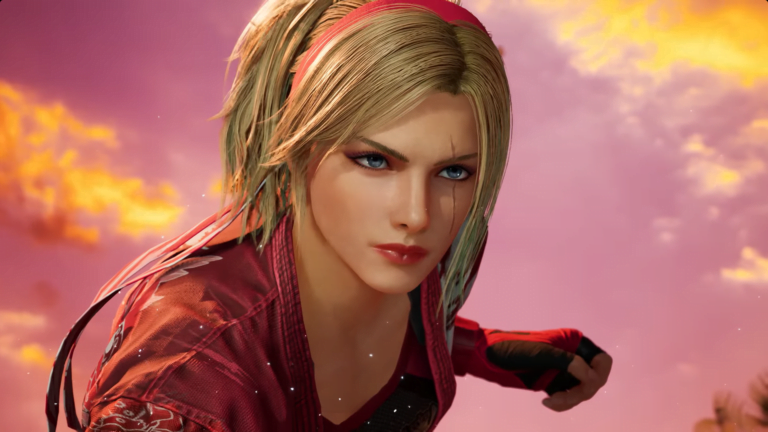 Lidia Sobieski z blond włosami i czerwonym ubraniem na tle zachodzącego słońca. Postać z Tekken 8