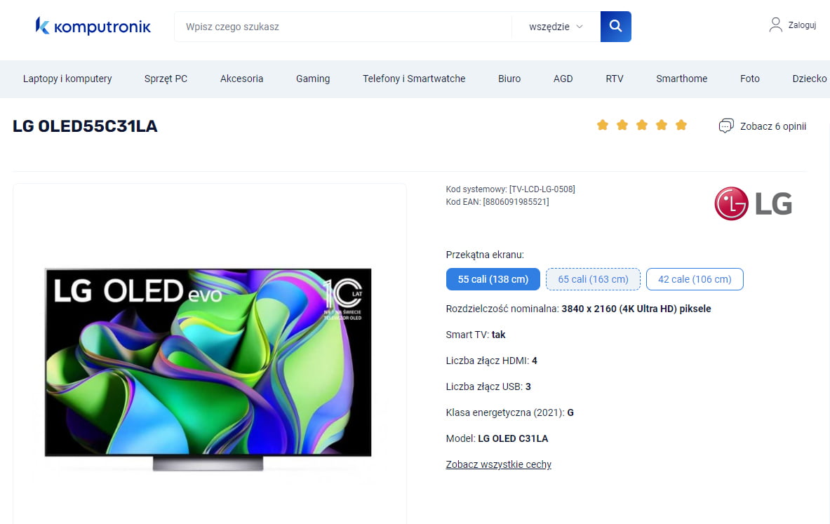 Zrzut ekranu strony internetowej sklepu Komputronik prezentujący telewizor LG OLED55C31LA, z wyświetlaczem pokazującym kolorową grafikę abstrakcyjną.