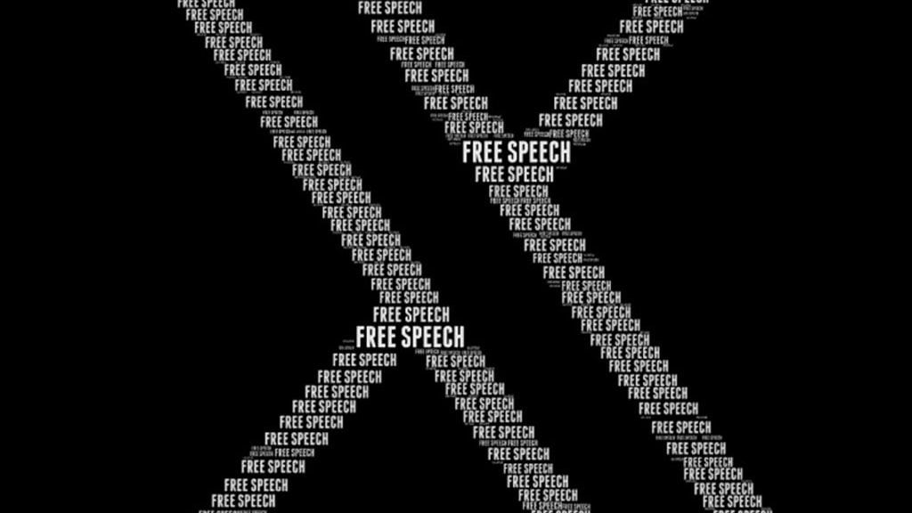 Tekst "FREE SPEECH" powielony wielokrotnie w różnych rozmiarach tworzący kształt megafonu na czarnym tle.