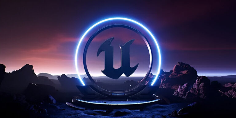Logo Unreal Engine w formie trójwymiarowego znaku ustawionego na pustynnym terenie pod czerwonym niebem.