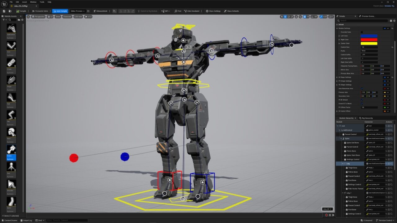 Zrzut ekranu programu Unreal Engine 5.4 do modelowania 3D przedstawiający robota humanoida w edytorze, z wyświetlanymi narzędziami oraz opcjami konfiguracji szkieletu i animacji.