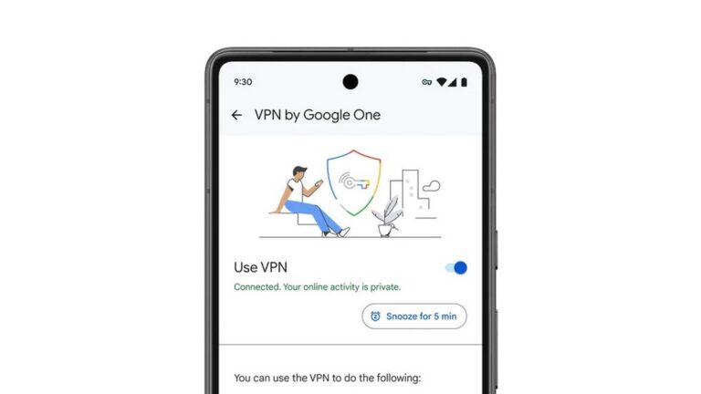 Smartfon wyświetlający aplikację "VPN by Google One" z ilustracją symbolizującą VPN i tekstem "Use VPN – Connected. Your online activity is private." oraz przyciskiem "Snooze for 5 min".