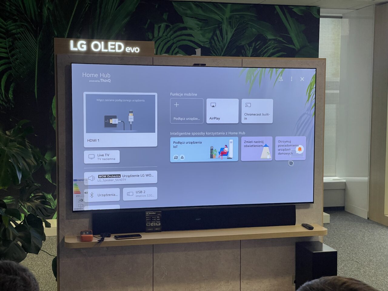 Telewizor LG OLED evo wyświetlający ekran główny Home Hub z opcjami podłączenia i sterowania urządzeń, umieszczony w nowoczesnym biurowym środowisku z roślinami w tle.