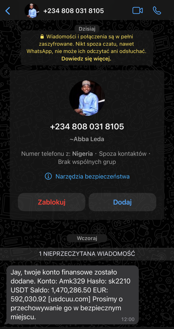 Zrzut ekranu z aplikacji WhatsApp pokazujący profil nieznanego kontaktu z Nigerii z przesłaną wiadomością oszukańczą oraz opcjami zablokowania i dodania numeru.