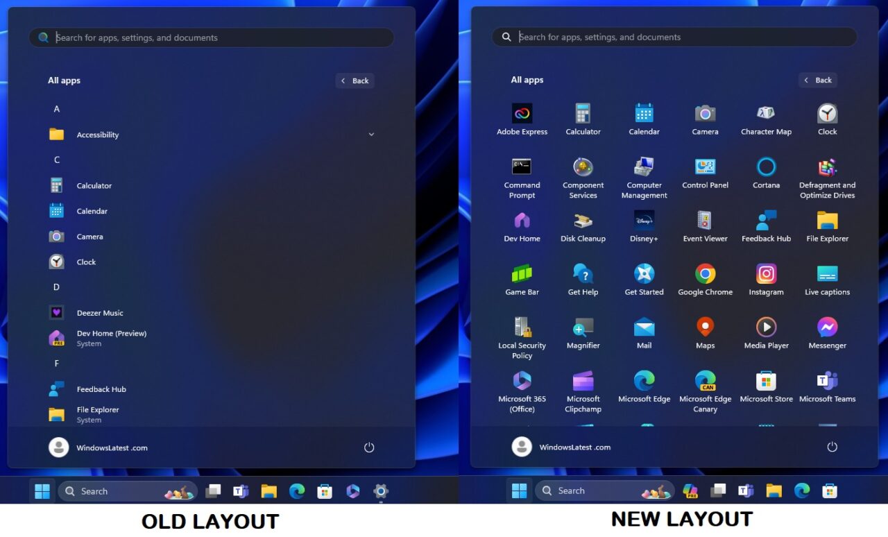 Porównanie starego i nowego układu menu "Wszystkie aplikacje" w systemie Windows 11, z obrazkami i nazwami aplikacji na ciemnoniebieskim tle, oraz oznaczeniami "STARY UKŁAD" i "NOWY UKŁAD" w dolnej części obrazu.