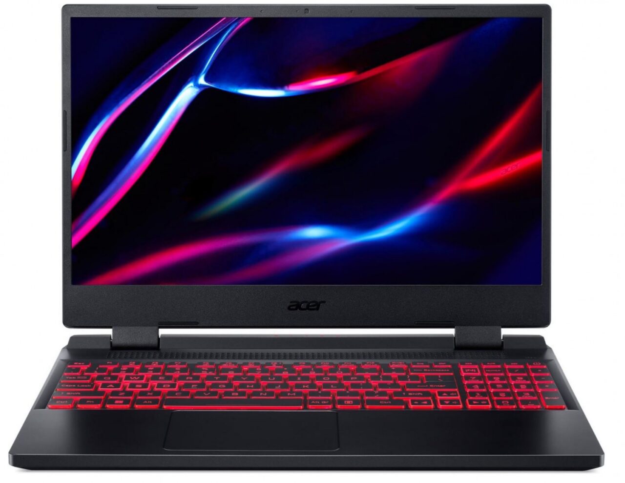 Laptop marki Acer z otwartą pokrywą i podświetlaną klawiaturą na czerwono przedstawiony na białym tle.