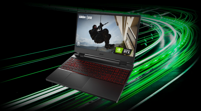 Laptop gamingowy Acer z podświetlaną klawiaturą na tle grafiki światłowodów, na ekranie wyświetlona gra Tom Clancy's Rainbow Six Siege.