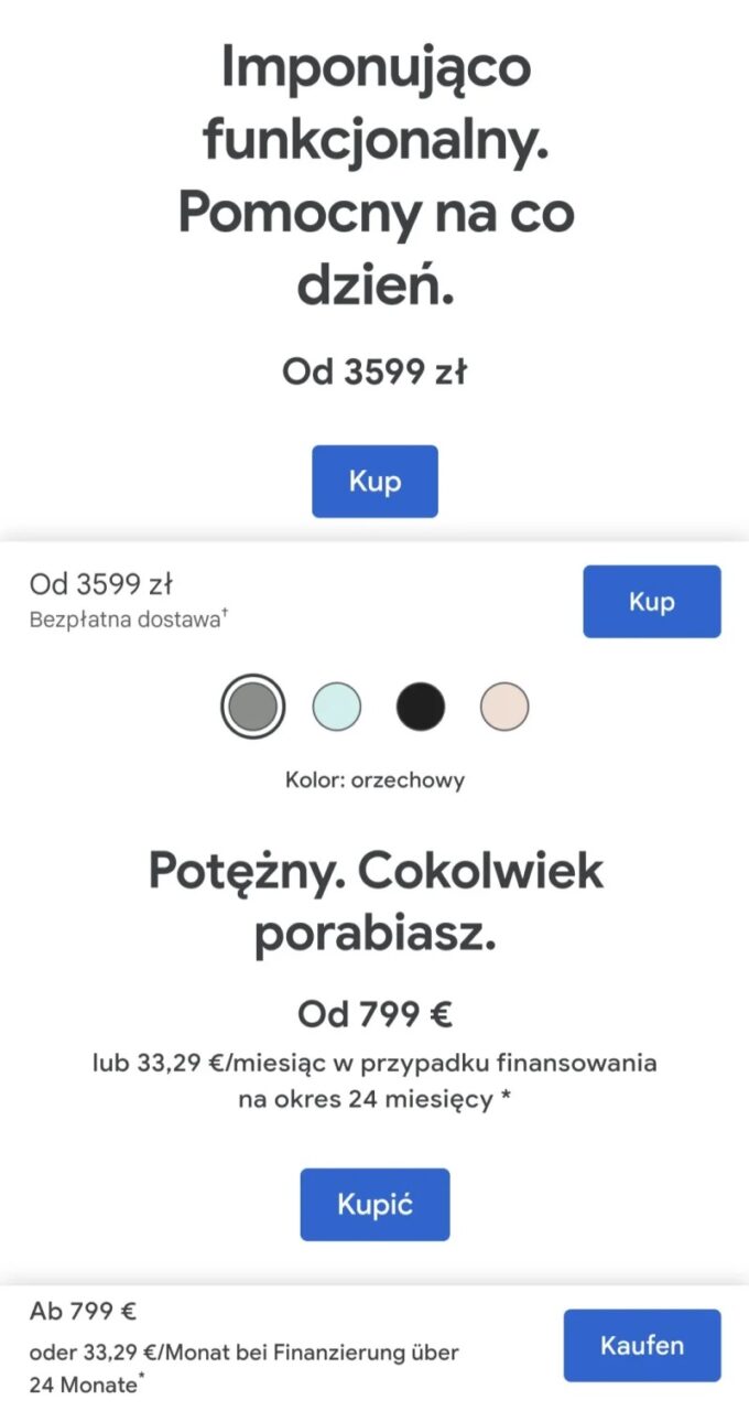 Zrzut ekranu strony internetowej z ofertą produktu, zawiera tekst reklamowy, opcje kolorów i przyciski do zakupu w różnych walutach.