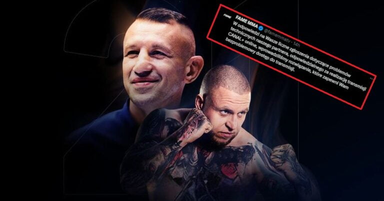 Dwóch mężczyzn na promocyjnym plakacie gali FAME MMA 21, z wklejonym tweetem od CANAL+ Polska dotyczącym rozwiązania problemu z logowaniem do serwisu Canal+ Online.