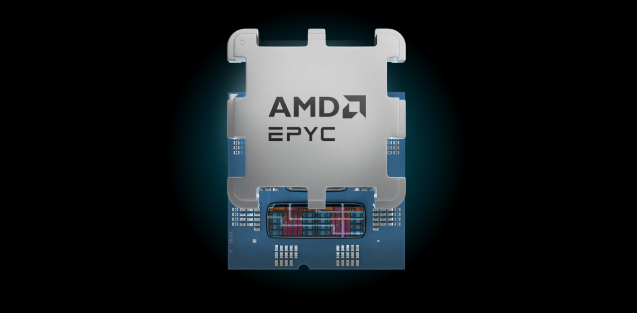 Procesor AMD EPYC na czarnym tle.