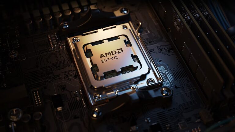 Procesor AMD EPYC zamontowany na płycie głównej.