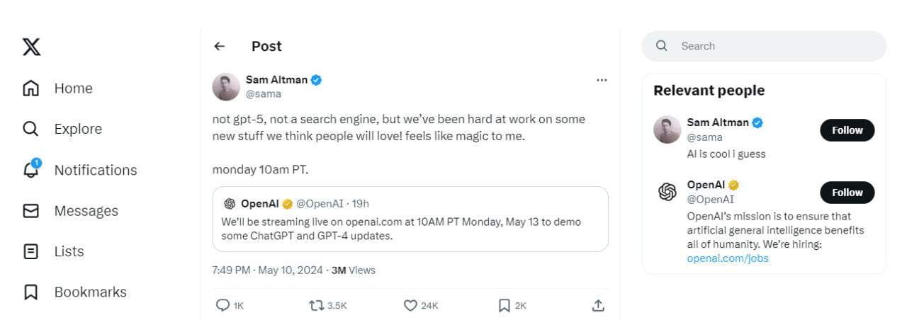 Zrzut ekranu interfejsu Twittera pokazujący post użytkownika Sam Altman na temat nowych projektów, które nie są związane z GPT-5 ani wyszukiwarką, oraz komentarz od OpenAI na temat nadchodzącej prezentacji na żywo.