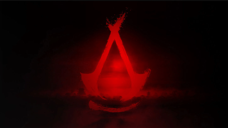 Czerwone logo Assassin's Creed na czarnym tle.