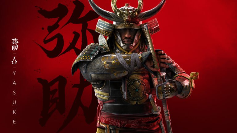 Samuraj ubrany w zbroję, trzymający miecz na czerwonym tle z japońskim napisem i imieniem "Yasuke" po lewej stronie.