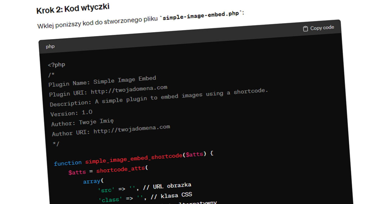 Zrzut ekranu przedstawiający kod źródłowy pluginu PHP w edytorze tekstu, z komentarzami i definicją funkcji do osadzania obrazków.