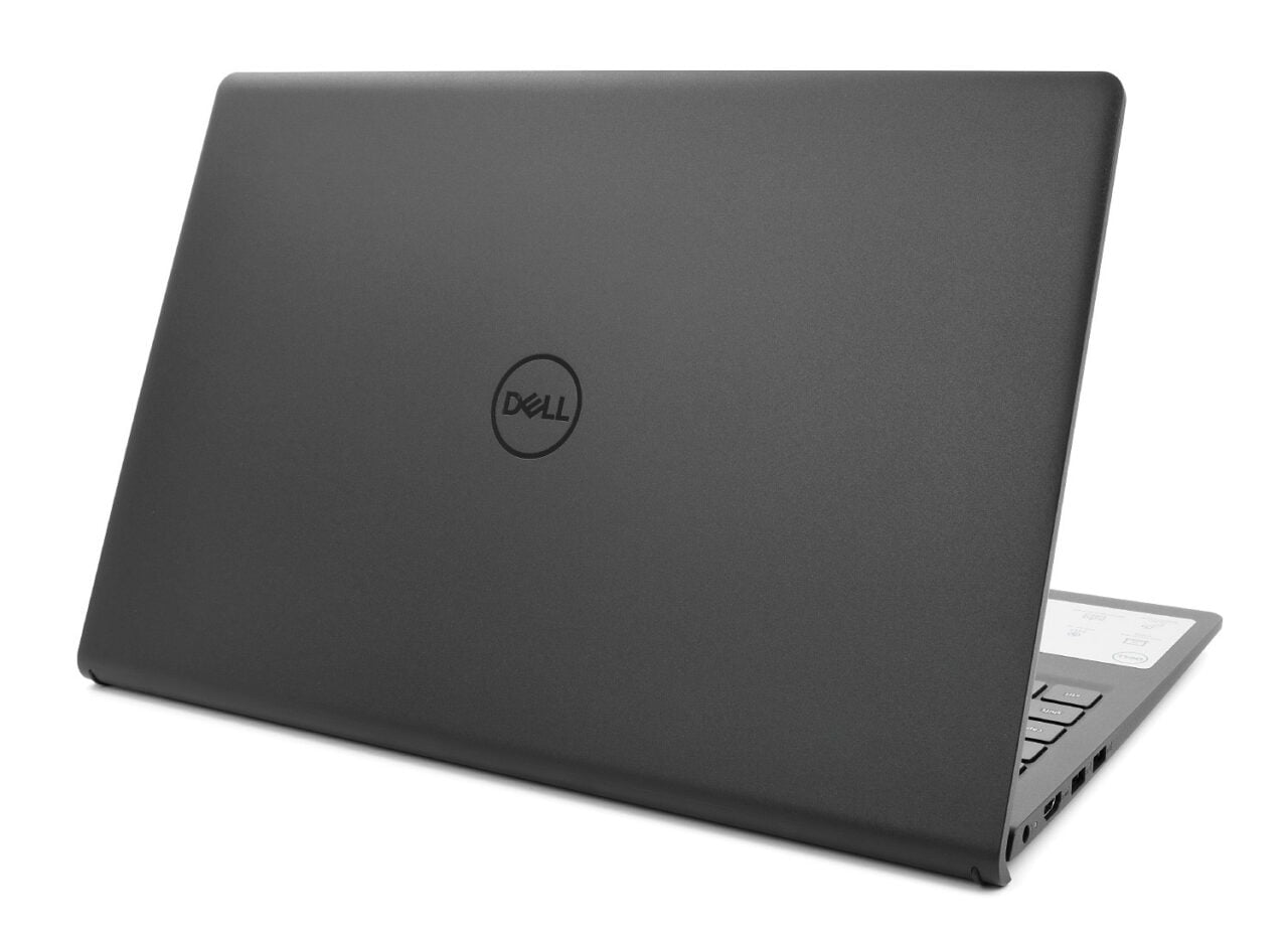 Czarny laptop marki Dell z tyłu, lekko pochylony w lewo.
