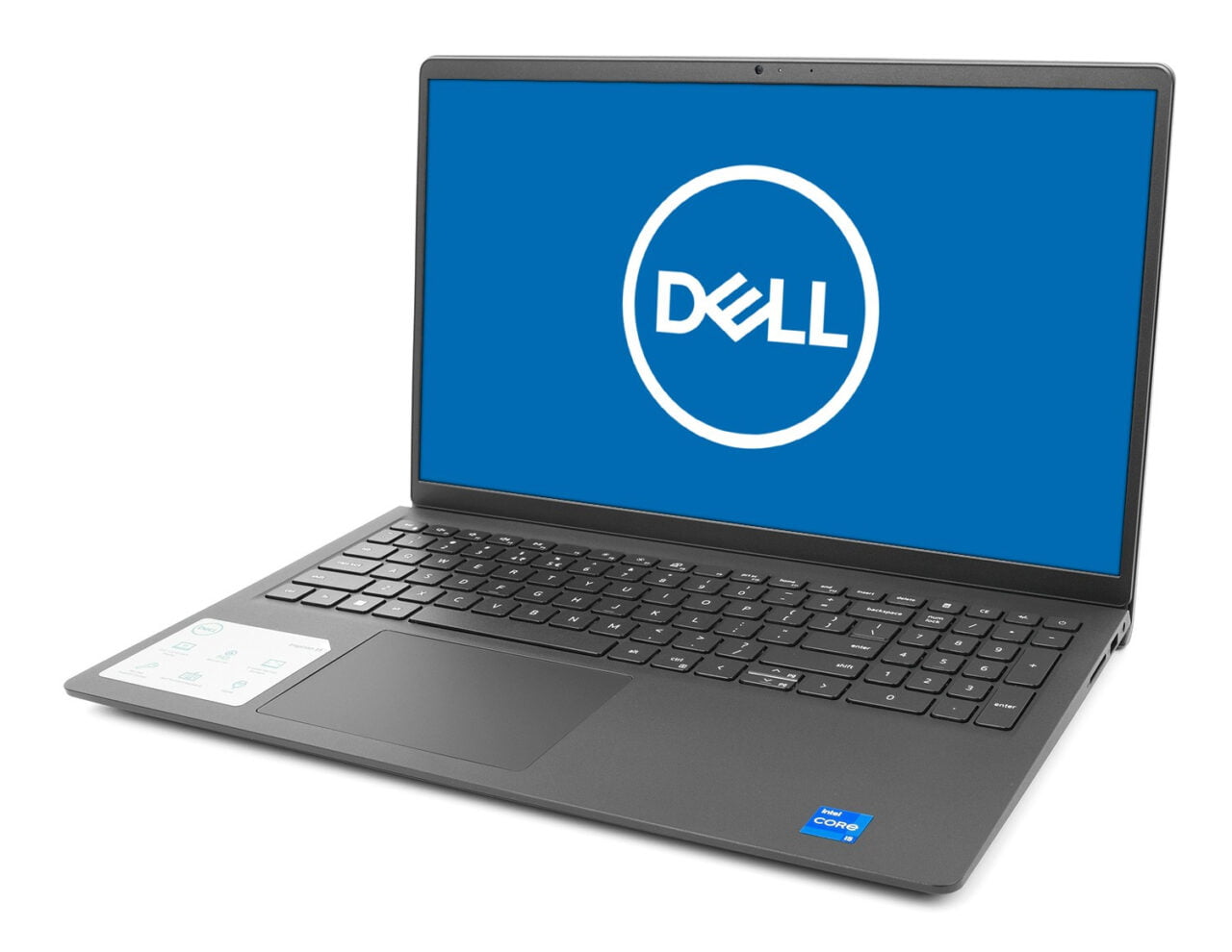 Laptop marki Dell z otwartym ekranem wyświetlającym logo firmy.