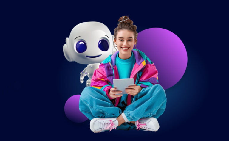 Młoda kobieta siedząca z tabletem, obok stoi uśmiechnięty robot, na tle ciemnego nieba i kolorowych kul.