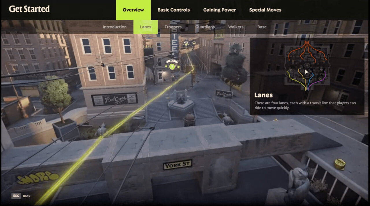 Zrzut ekranu z gry Deadlock od Valve, pokazujący wprowadzenie do poziomu z czterema pasami, każdy z linią tranzytową do szybkiego przemieszczania się graczy.