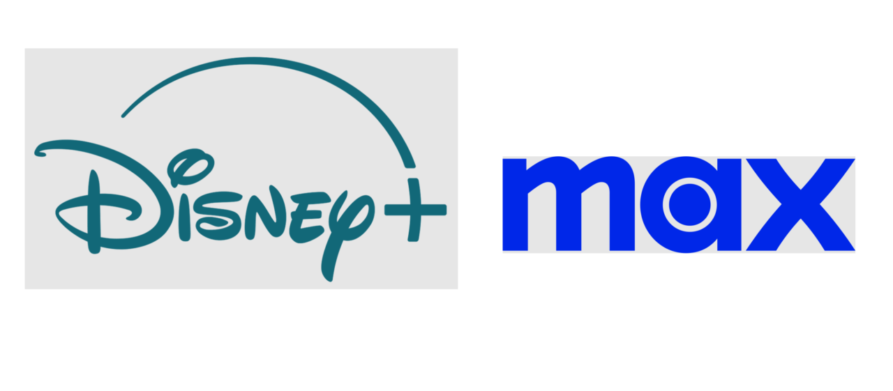Loga platform streamingowych: po lewej Disney+ w kolorze turkusowym, po prawej Max w kolorze niebieskim.