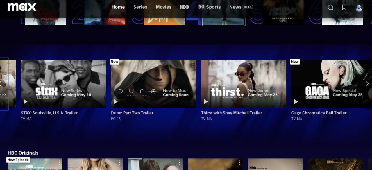 Interface de usuário da plataforma de streaming com miniaturas dos próximos filmes e séries, incluindo "STAX: Soulsville, EUA", "Duna: Parte Dois" eu "Sede com Shay Mitchell".