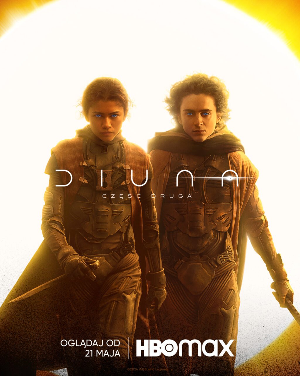 Data premiery filmu Diuna 2 na HBO Max. Plakat filmu "Diuna: Część druga" przedstawiający dwie postacie w kostiumach, z jasnym światłem w tle, promowany na HBO Max.
