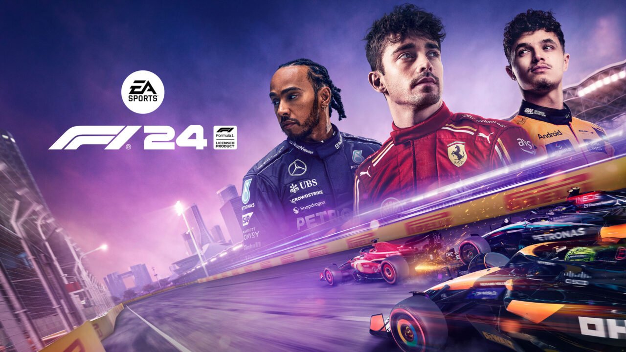 Okładka gry EA Sports F1 24 z trzema kierowcami Formuły 1 oraz samochodami wyścigowymi na torze.