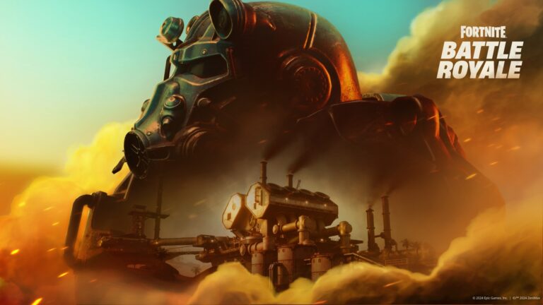Obraz promocyjny gry Fortnite Battle Royale z wielką postacią w pancerzu oraz fabryką w tle na postapokaliptycznym krajobrazie.